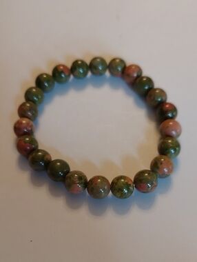 Unakite Natural Gemstones Artisan Green & Pink Stone Bead Stretch Bracelet